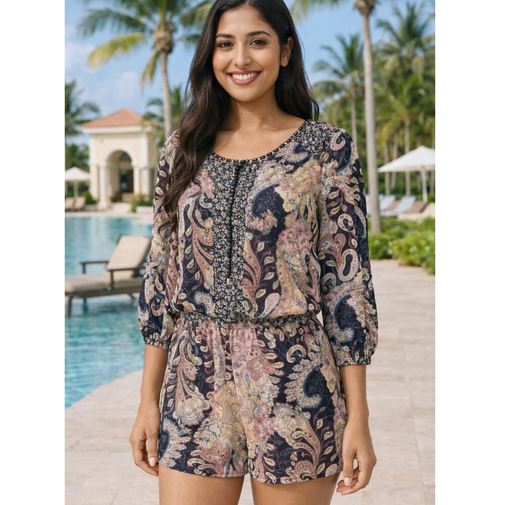 LovPosh Paisley Romper Women Large Boho‎ Indie Zip Front 3/4 Sleeve Shorts